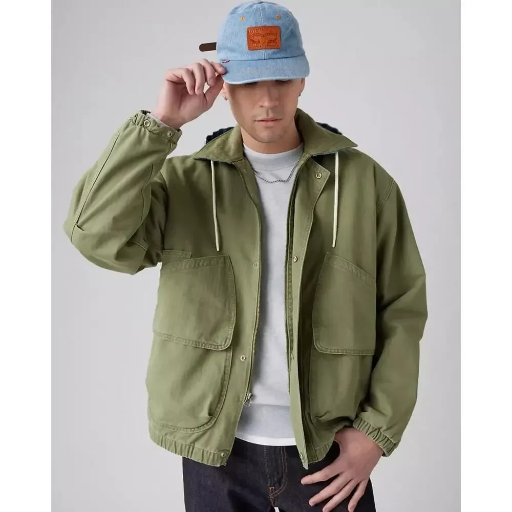 Levi's Premium‎ Jacket Mens XL Green Hooded Work Pocket Canvas Military Utility